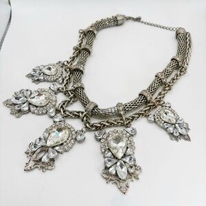 Silver-Tone Rhinestone Bib Statement Necklace Victorian Style Crystal Pendant